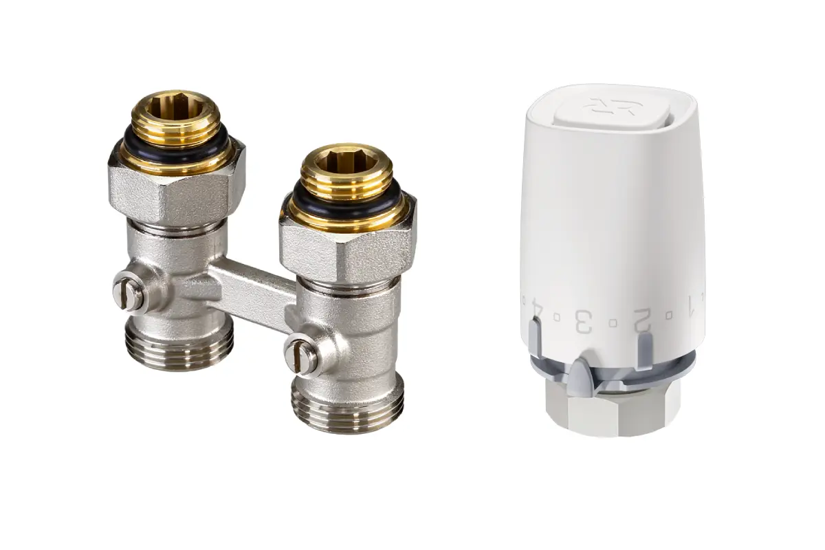 003L0396R-013G9001R.webp | Комплект для нижнего подключения радиаторов отопления: клапан запорный прямой 003L0396R, подключение 1/2x3/4 + термоэлемент 013G9001R с присоединением М30х1,5 | официальный сайт Ридан Россия