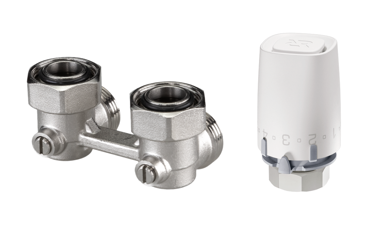 003L0397R-013G9001R.png | Комплект для нижнего подключения радиаторов отопления: клапан запорный угловой 003L0397R, подключение 3/4x3/4 + термоэлемент 013G9001R с присоединением М30х1,5 | официальный сайт Danfoss Россия