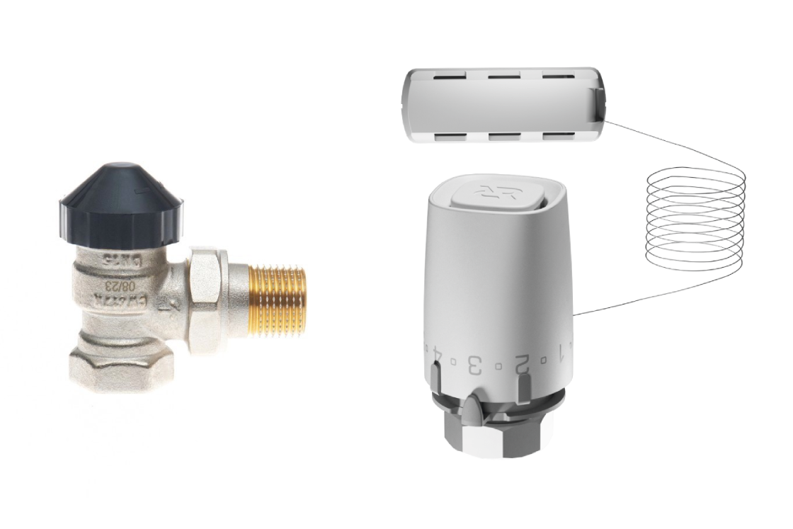 С датчиком 1.png | Комплект для двухтрубной системы отопления для радиаторов или конвекторов отопления с боковым подключением: клапан терморегулирующий 013G7013R (Ду15, угловой) + термостатический элемент с выносным датчиком 013G9006R | официальный сайт Danfoss Россия