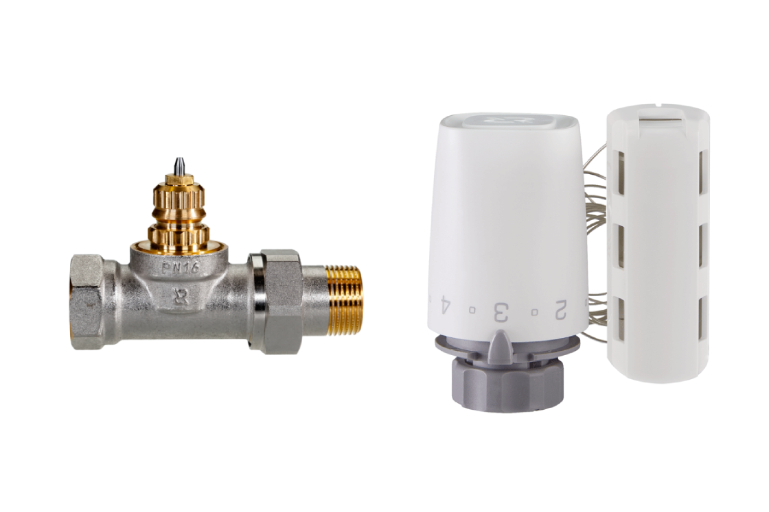 Комплект для однотрубной системы отопления для радиаторов или конвекторов отопления с боковым подключением: клапан терморегулирующий TR-G 013G9024R (Ду15, прямой) + термоэлемент с выносным датчиком температуры RA TR 013G9005R | официальный сайт Danfoss Россия