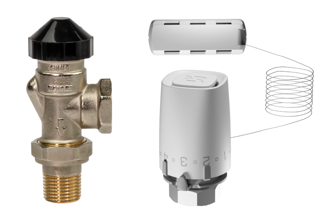 С датчиком 5.png | Комплект для двухтрубной системы отопления для радиаторов или конвекторов отопления с боковым подключением: клапан терморегулирующий 013G7048R (Ду15, угловой) + термостатический элемент с выносным датчиком 013G9006R (М30х1,5) | официальный сайт Danfoss Россия