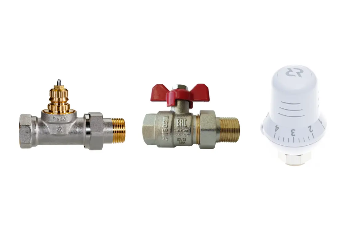 Комплект для однотрубной системы отопления для радиаторов или конвекторов отопления с боковым подключением: клапан терморегулирующий TR-G 013G9026R (Ду20, прямой) + кран шаровой BVR-FR 065B8304RG + термоэлемент 013G7070R
